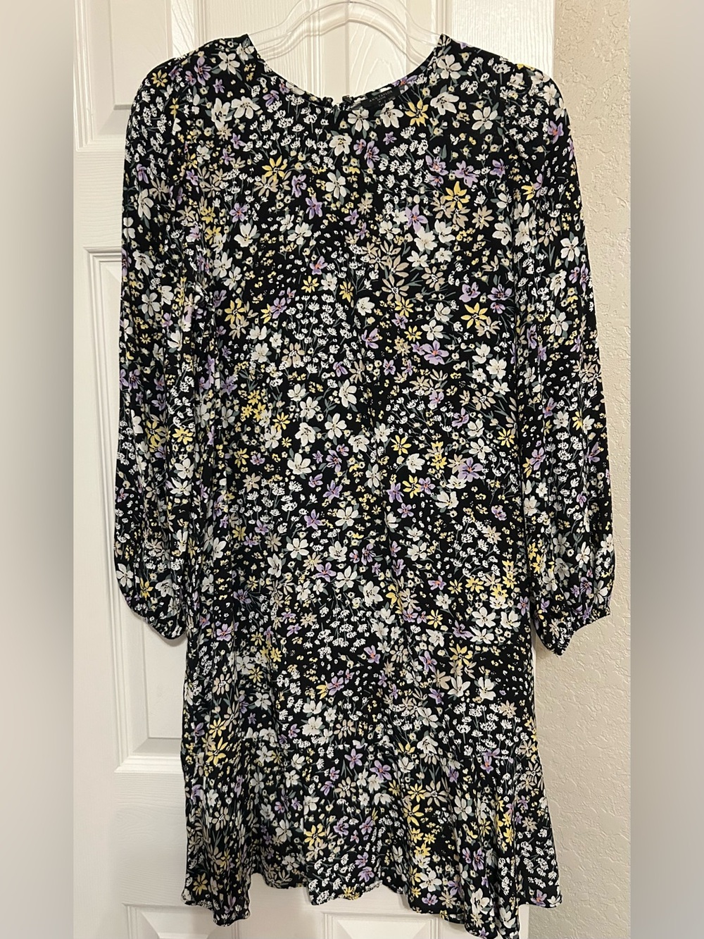 Ann Taylor Black Floral Shift Dress with White, Lavender and Yellow Blossoms